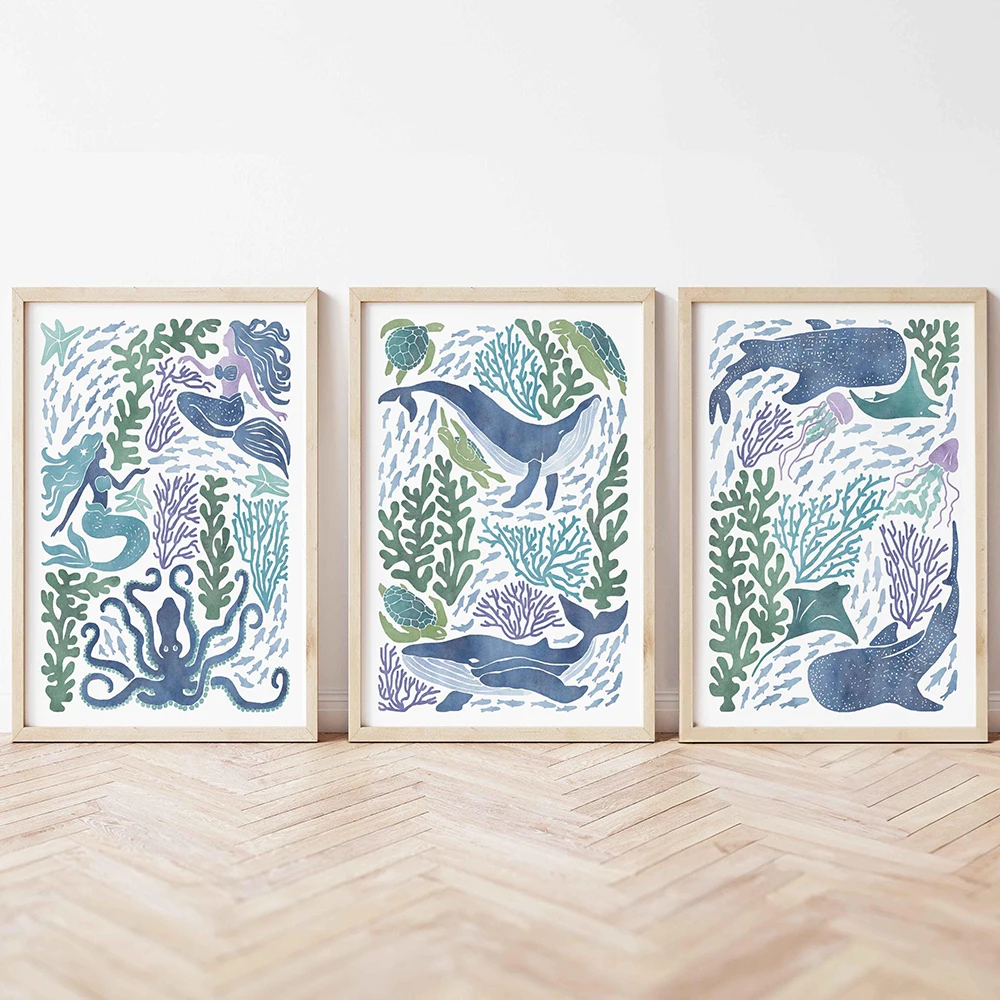 1pc frameless Canvas Painting Ocean Animals Wall Art Pictures Watercolor Ocean Decor Mermaid Print Whale Ocean Nursery Coastal U