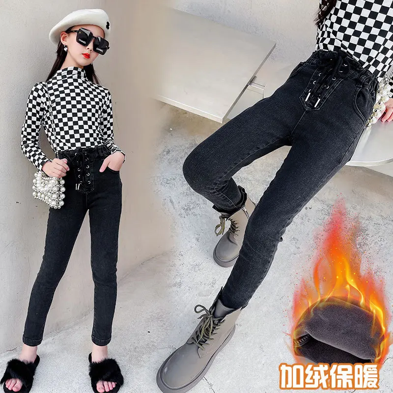 

winter warm plus Girls Jeans Fall 2022 New high waisted stretch fit zipper jeans lace-up pants kids leggings trousers