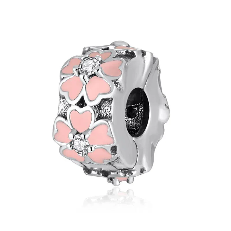 Pink Enamel Primrose Flower Clip Stopper Charm Fit Women Bracelet Bangle DIY Jewelry Authentic S925 Sterling Silver Bead