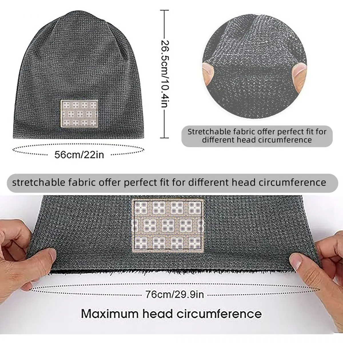 Traditional Portuguese Azulejo Blue Orange Floral Tile Pattern Waffle Knit Fleece Lined Beanie with PU Leather Patch Soft Cap