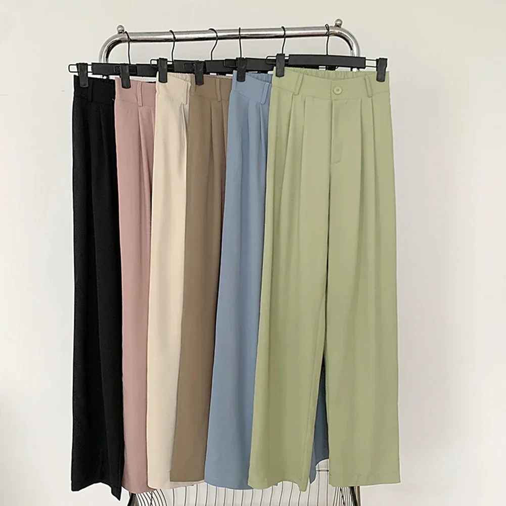 Mn-Pantalon en polyester taille haute pour femme, sans élasticité, coupe droite, couleur unie, tendance, nouvelle collection été