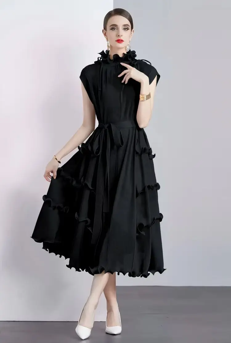 

Miyake Women's Pleated Sleeveless Dress Solid Ruffled Collar Elastic Waist Lace-Up Irregular Hem Knee-Length Chic New