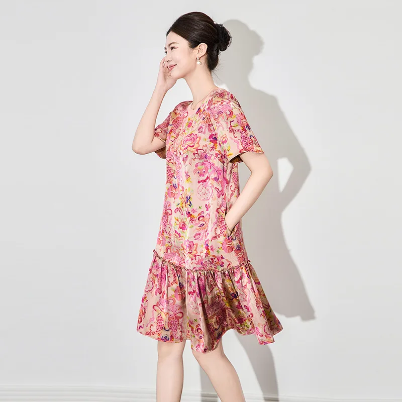 

2504701-Shenzhen Nanyou Style Exquisite Round Neck Ruffle Silk Xiangyun Short Sleeve Dress Women Summer