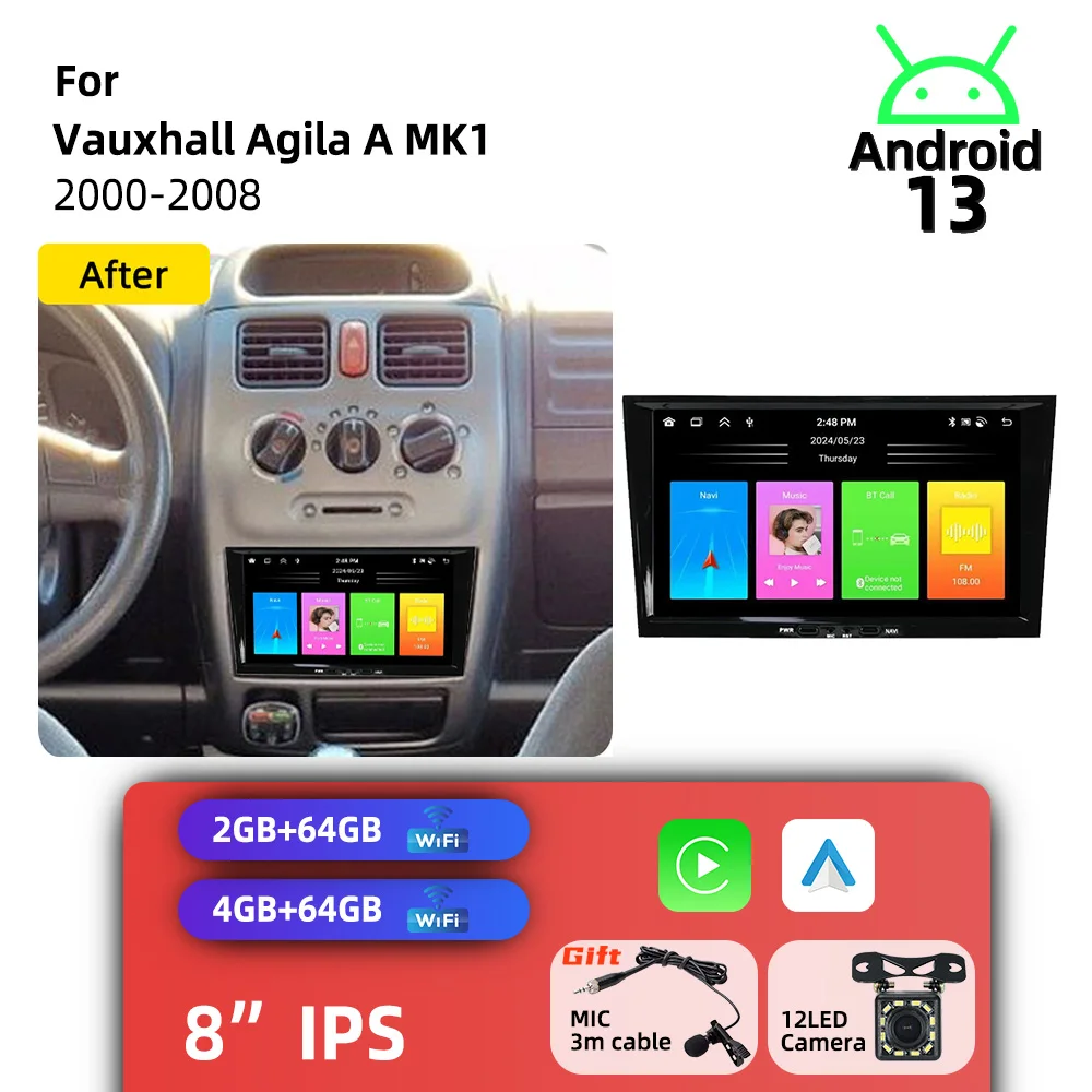 

For Vauxhall Agila A MK1 2000-2008 Carplay Autoradio 2 Din Android Radio GPS WIFI Auto Car Multimedia 8" Screen Stereo