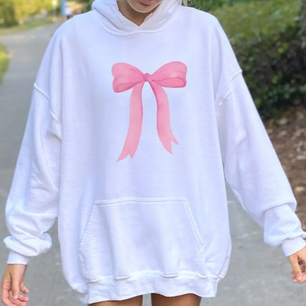 Pink Ribbon Bow Sweatshirt Trendy Sweatshirt Cute Hoodie Aesthetic Sweatshirt Pink Bow Girly Hoodie 2024 Spring New Sweatshirt