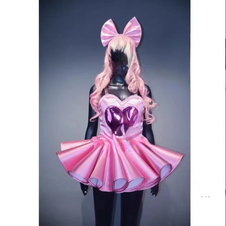 Bar Patry Pink Love Performance Dress Bow Headwear Singer Gogo Walk Show Valentine's Day Dance Stage Prom Birthday Cute Costume