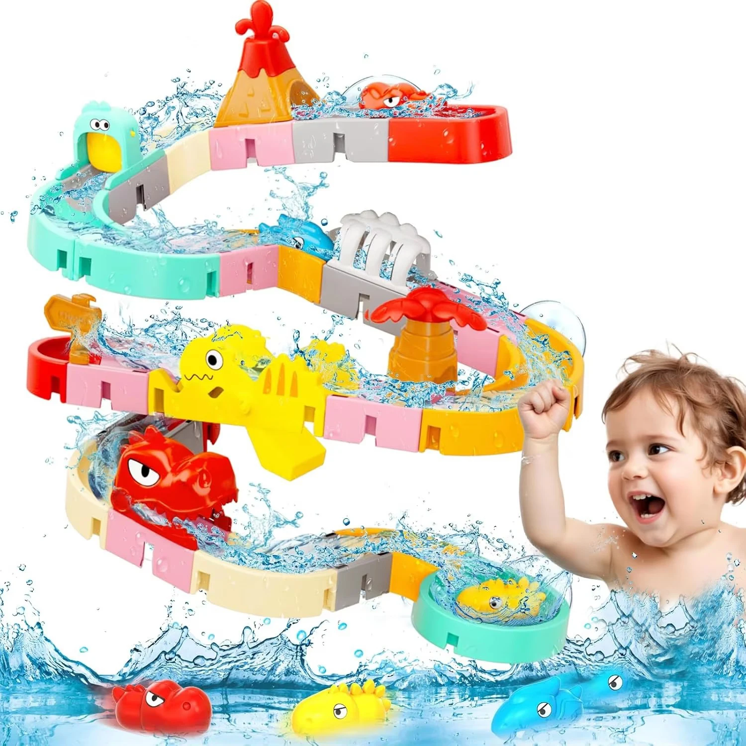 DIY Building Water Slide Tracks BaBy Bath Toys Wall Track Building Set Spray Water Toys for Kids, Outside Pool Bathtub Toys