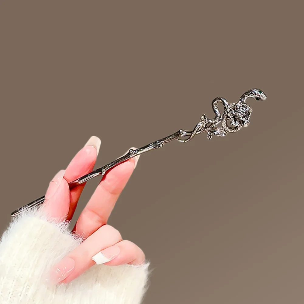 2026 New Chinese Style Snake Shape Rose Hair Stick for Women Vintage Red Crystal Tassel Chopstick Hair Sticks Hair Accessories view 5