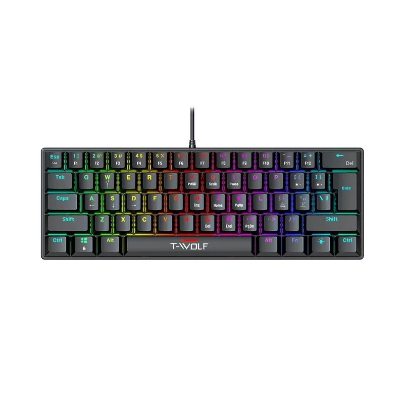T-WOLF T61 Wired Gaming Keyboard Mini 63 Key RGB Light Effect USB Connection ABS Mechanical Keys Portable Office Design