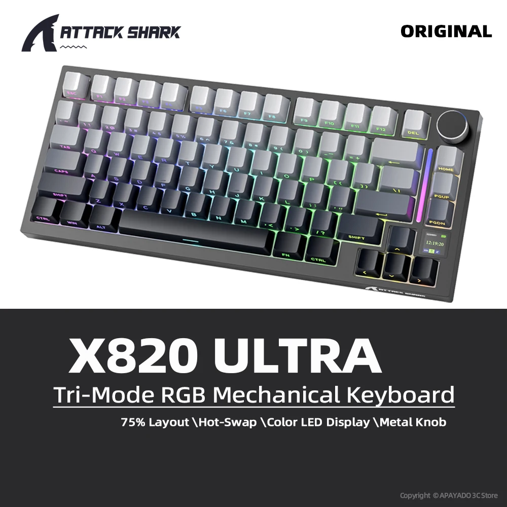 75% ATTACK SHARK X820 Ultra Mechanical Keyboard Wireless for Gaming,Tri-Mode RGB with Screen & Knob,Full Hot-Swap