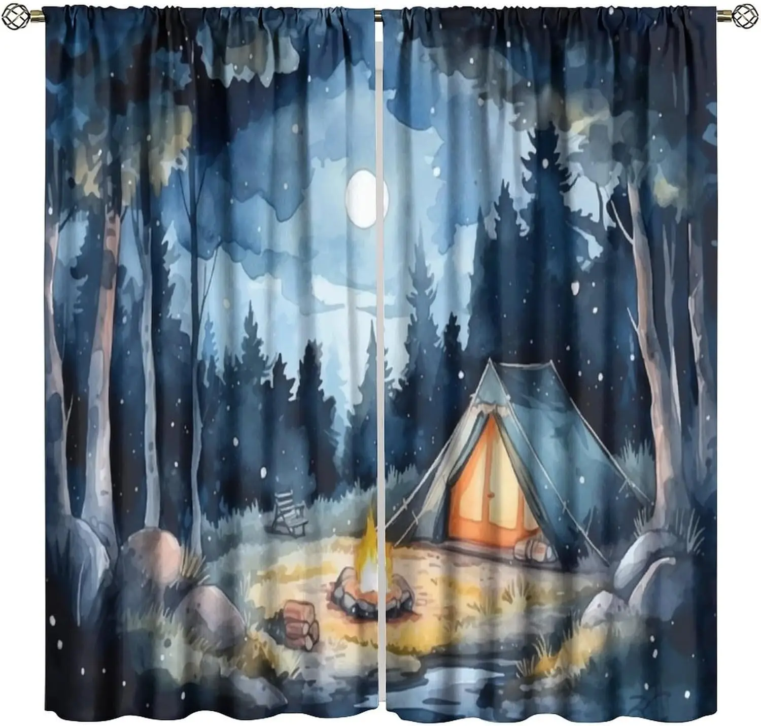 

Forest Blackout Curtain for Nursery, Watercolor Mountain Forest Nature Tree Woodland Camping Rod Pocket Window Treatments
