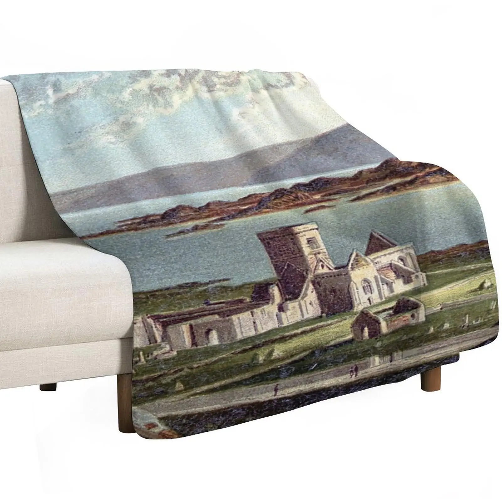 Vintage Illustration of Iona Abbey, Isle of Iona Throw Blanket Luxurious Soft Blanket Holiday Gift for Family