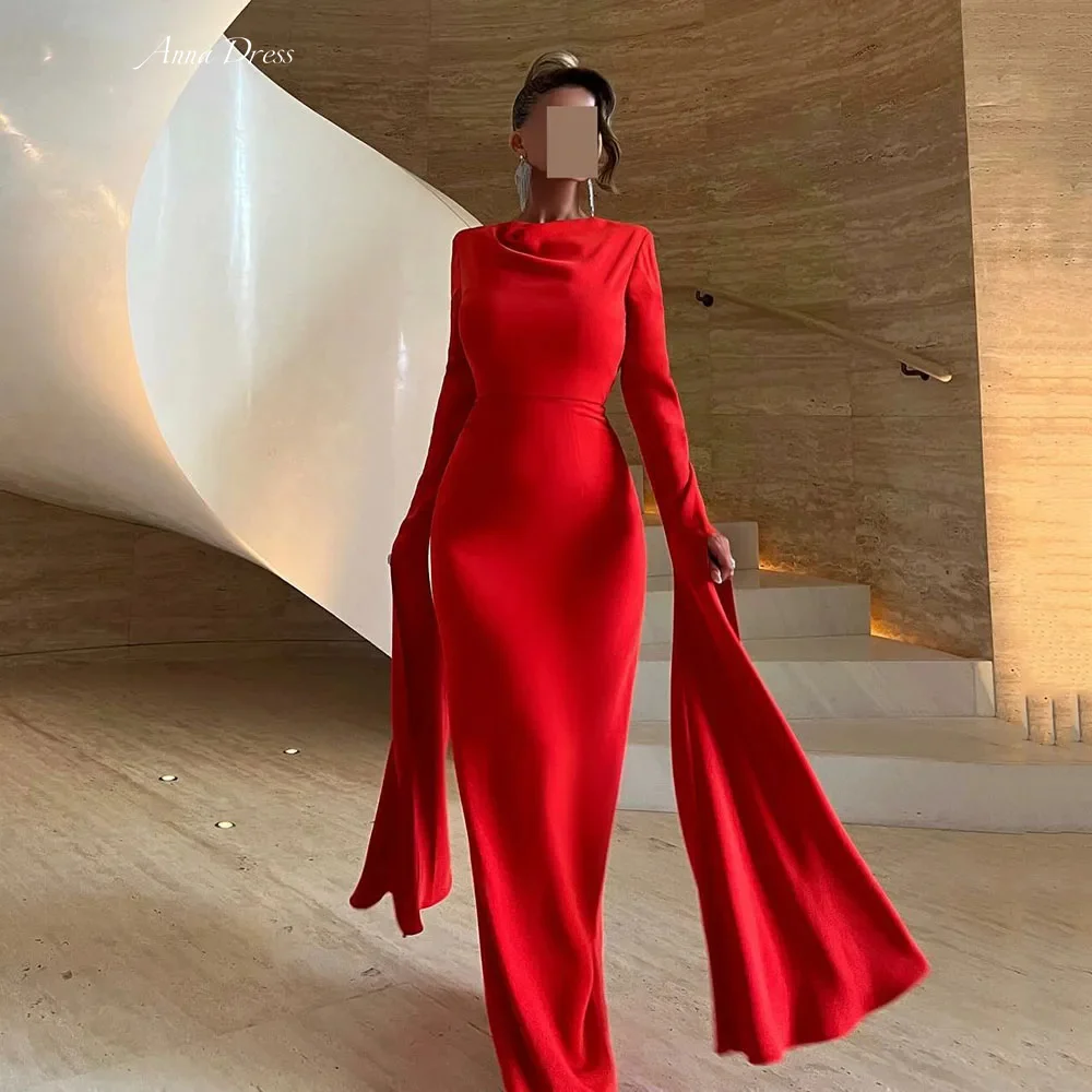 

Anna Red Elegant Party Dresses Woman Fish Tail Wedding Party Dress Long Sleeves Custom Made Satin Women Evening Dress Prom