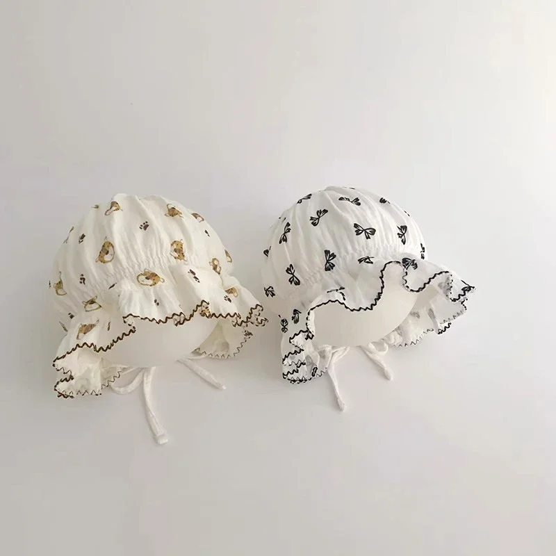 Ruffle Brim Newborn Sunshade Cap Summer Thin Cotton Print Palace Hat 1-3Year Kids Headwear Bonnet Princess Baby Lace-up Beanies