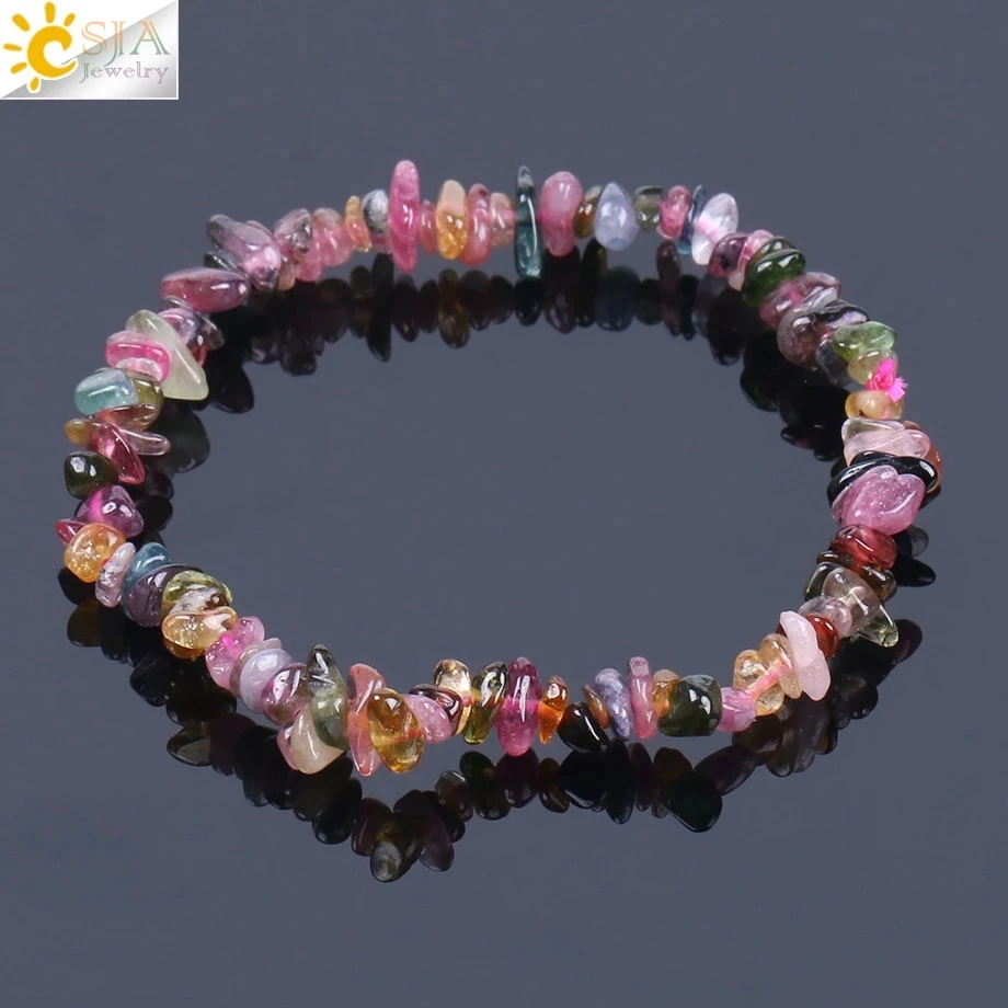 CSJA Black Pink Tourmaline Bracelet Colorful Natural Gem Stone Chip Beads Crystal Bracelets Lucky Energy Protection Jewelry F154