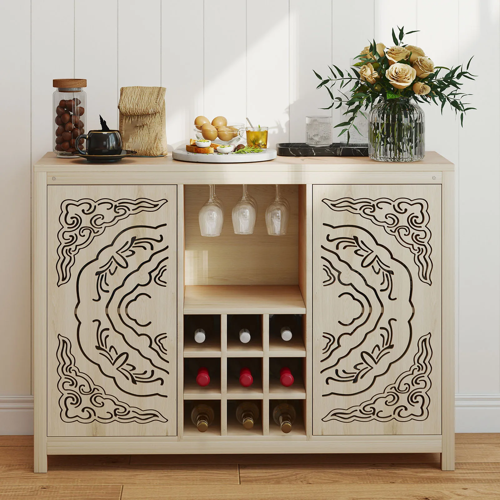 Wine Bar Cabinet MDF with 2 Doors Buffet Storage Liquor Cabinet with Wine Rack and Glass Holder for Kitchen Living Dining Room