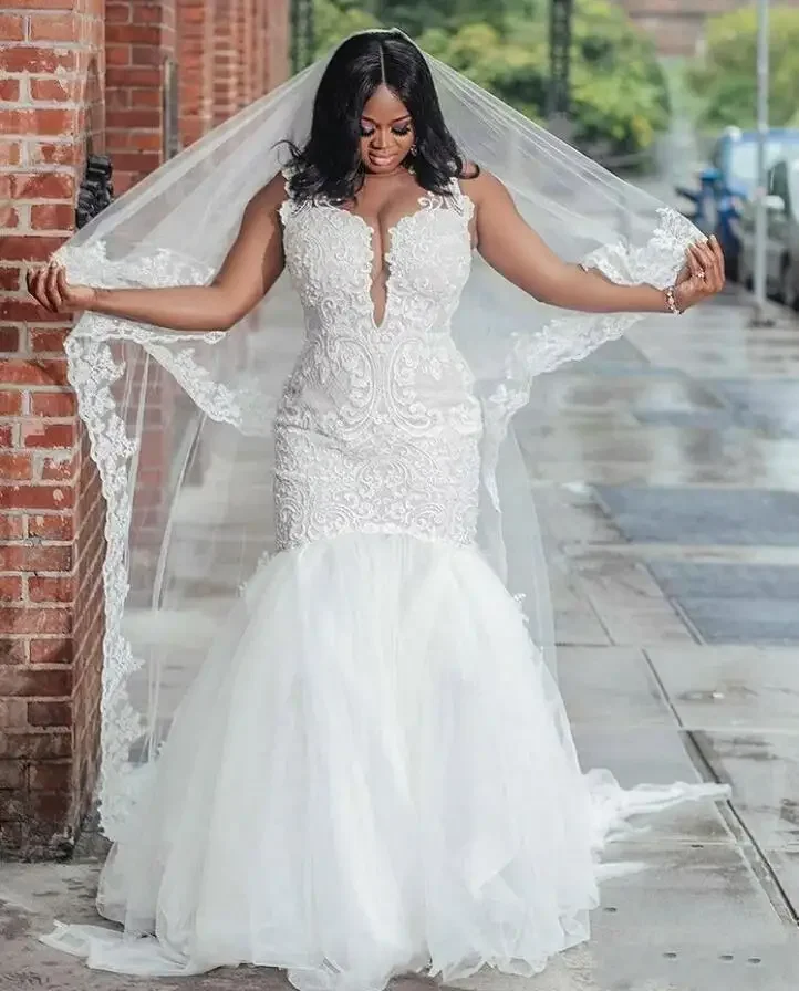 Customized Fabulous Lace African Mermaid Wedding Dresses Plus Size Backless Sweep Train Tulle Applique Sexy Bride Gowns