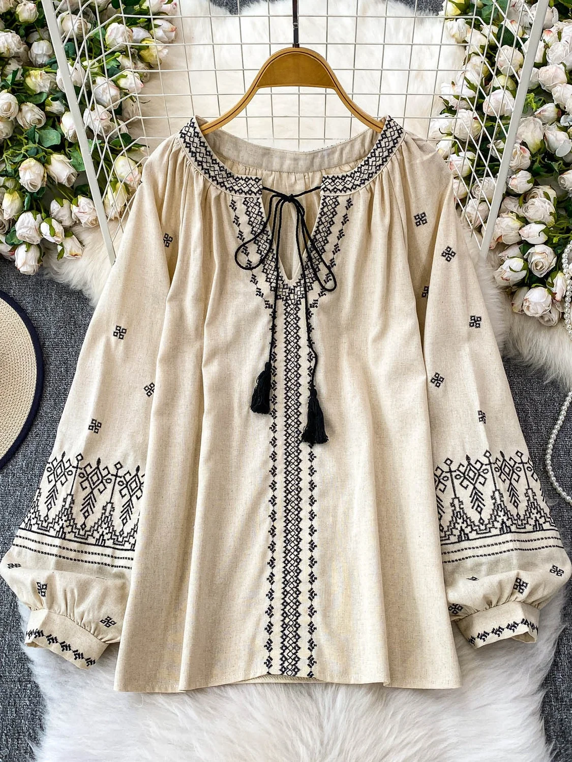 

Женская свободная блузка Ele V-Ne Lantern Sve с вышивкой и поясом в корейском стиле, с длинными рукавами, не мнущаяся, повседневная