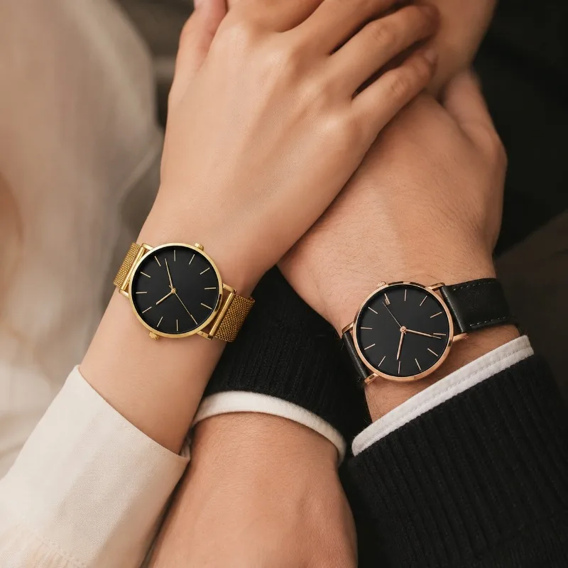 Luxury Simple Couple Watches Set 2Pcs Thin Round Dial Mesh Strap & Leather Band Quartz Wristwatches For Men Women Couple Gift