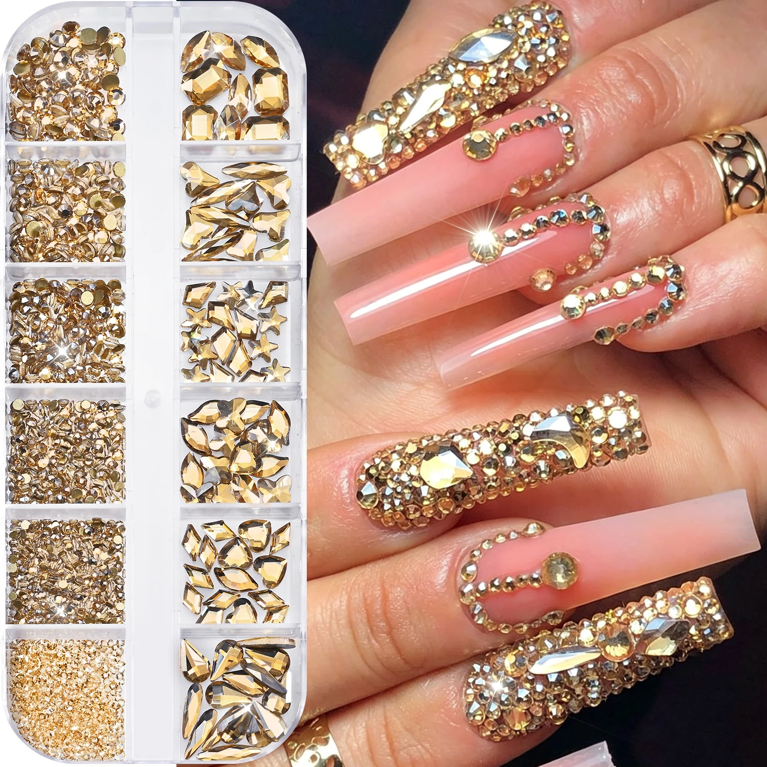12grids Champagne Irregular Crystal Nail Gems Decorations K9 Glass Gold Diamonds Nail Charms Sparkle Flatback Manicure Supplies
