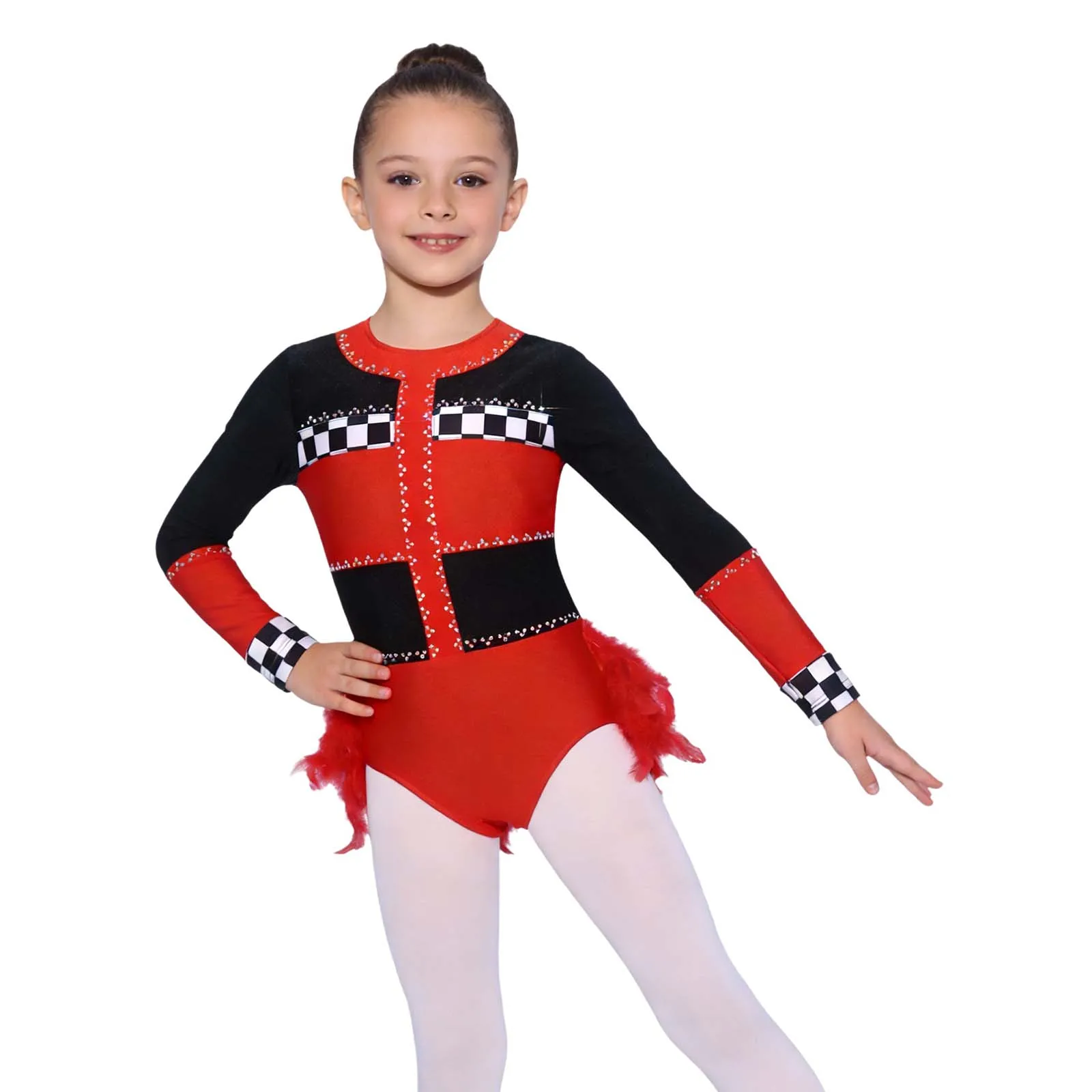 

Kid Girls Leotards Racing Driver Tutu Dance Dress Sparkly Rhinestones Long Sleeve Faux Feather Skirted Bodysuit Ballet Dancewear