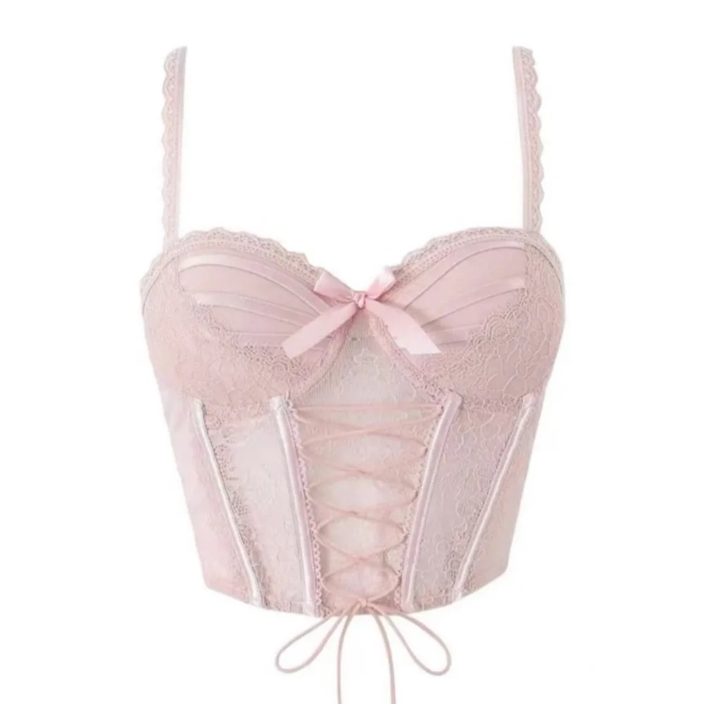 

Elegant Ruffle Lace Flower Camisole Strappy Fishbone Lace Corset Bowknot Tank Slim Crop Tops Spicy Girls