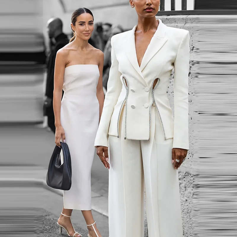 

White Summer Women Suit Pants Set 2 Piece Blazer+Loose Trousers Sexy Split Crystals Jacket Formal Office Lady Coat Party Gown