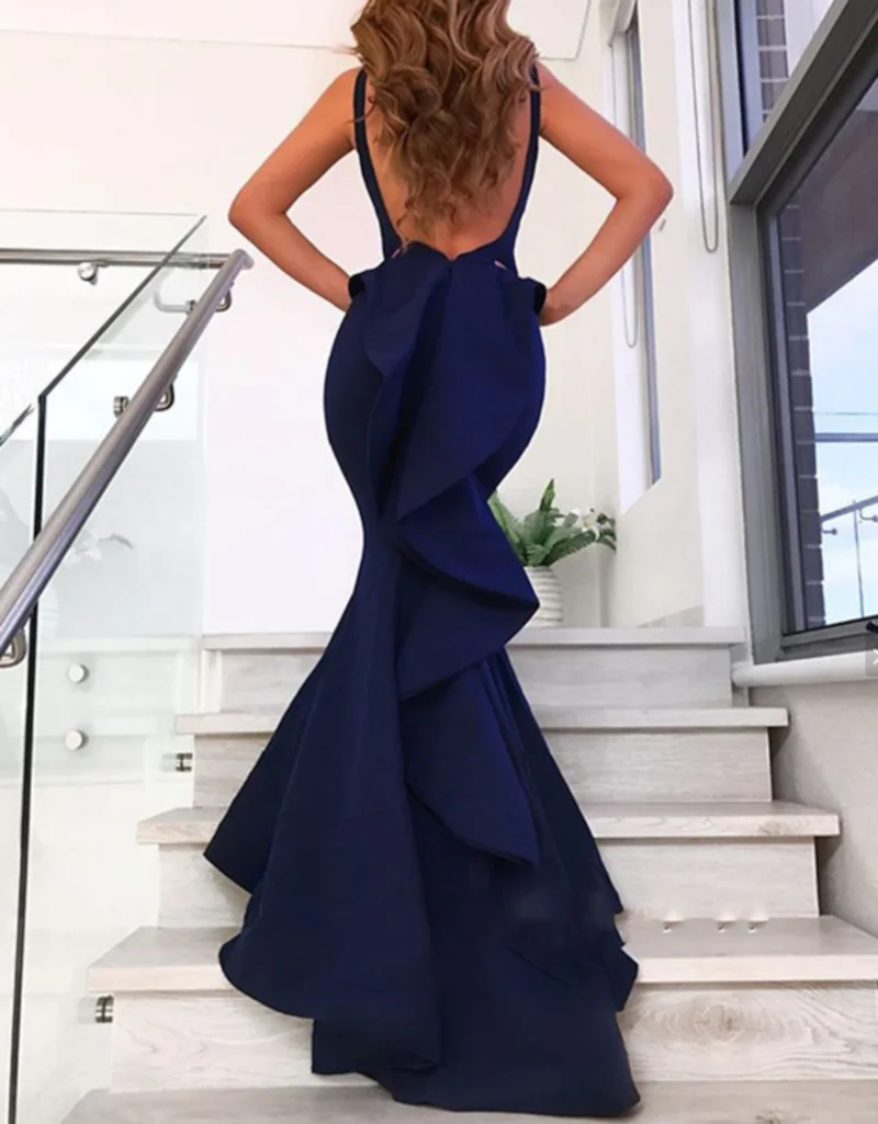 ﻿ Mermaid / Trumpet Evening Gown Open Back Dress Formal Wedding Guest Court Train Sleeveless V Neck Stretch Fabric with Bow Ruff