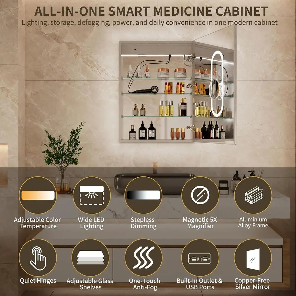 24"W x 32"H Medicine Cabinet, LED Lighted Medicine Cabinet with Mirror | Clock Temp Display, 5X Magniier, Surace or Reced Mount, view 4
