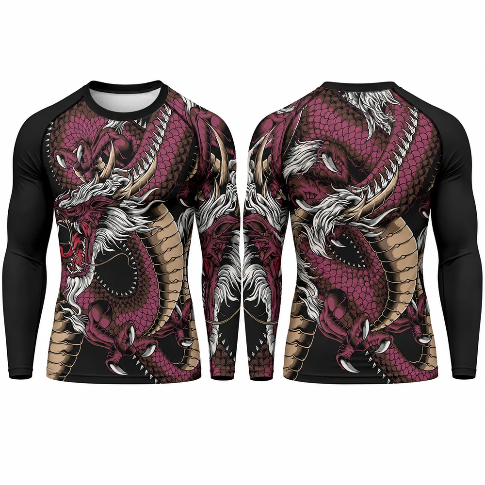 Men's Purple Dragon Full Print Rash Guard Long Sleeve Compression Shirt BJJ Jiu Jitsu MMA Martial Arts Quick Dry Training Top