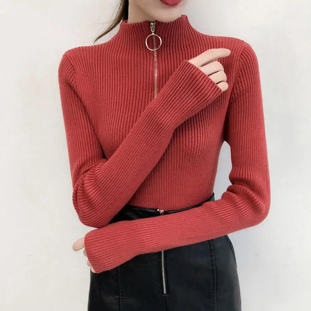 Suéter de cuello alto Medio para mujer, Jersey de punto de manga larga con cuello de cremallera, Tops básicos ajustados, jerséis Coreanos