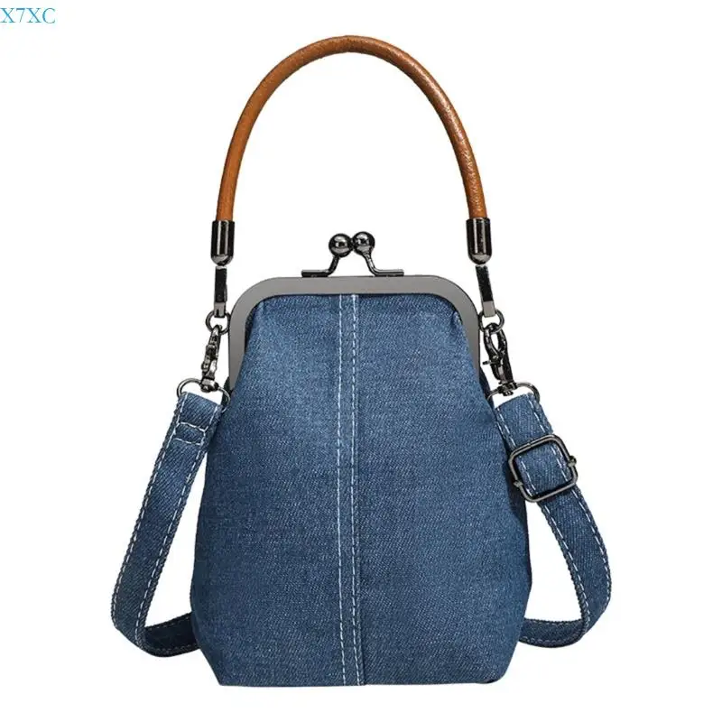 

X7XC Women Shoulder Bag Denims Crossbody Bag Top Handle Bag Fashion Kiss Lock Handbag