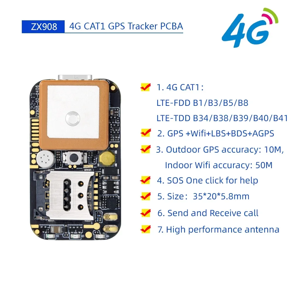 World Smallest LTE CAT-1 4G GPS Tracking Chip ZX908 GPS Tracker PCB Module for Developing Mini 4G GPS Trackers