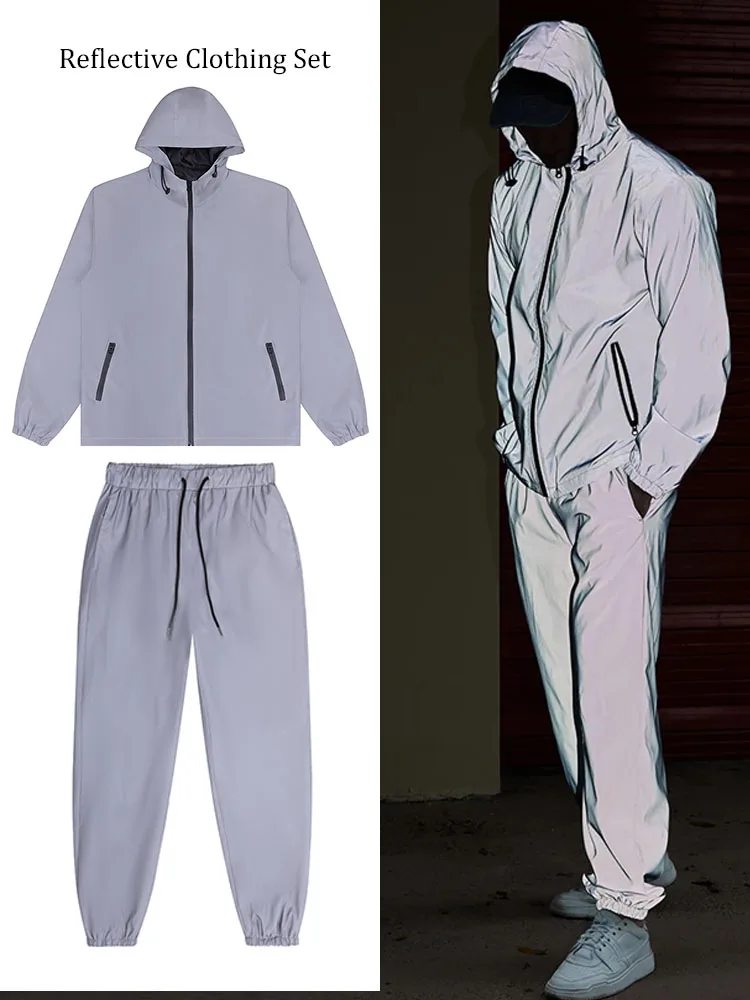 

Мужская светоотражающая куртка в стиле хип-хоп, уличная модная танцовщица, праздничная одежда, уличная ветрозащитная уличная одежда с капюшоном, пальто, брюки