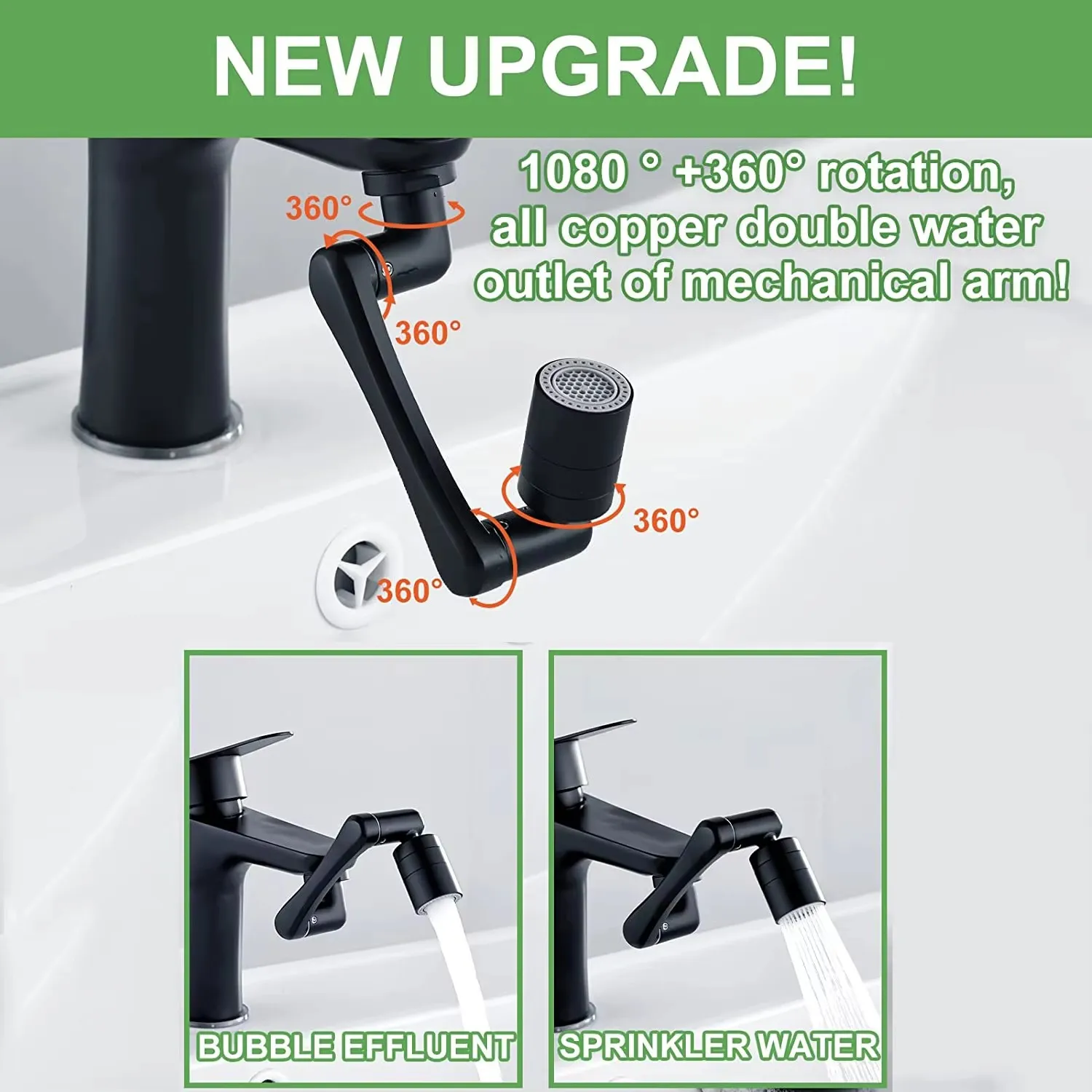 Universal 1440 Degree Rotatable Extension Faucet Sprayer Head 2 Modes Bathroom Tap Extend Adapter Aerator Faucet Extender Black