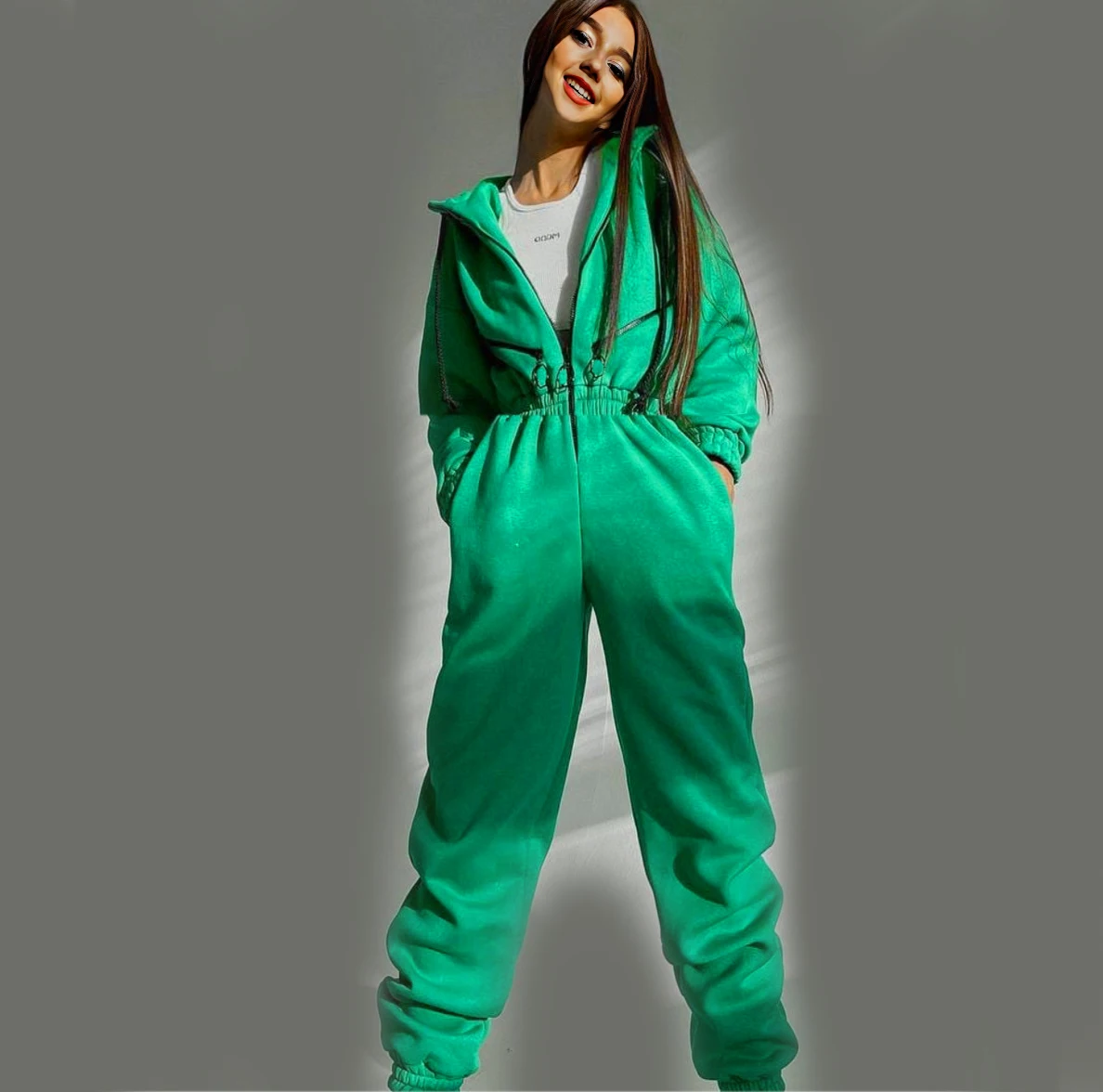 Herbstliche Einteiler-Sets: Sweatshirt-Kapuzen-Jumpsuit für Damen, lässige Sportsets, Winter-Reißverschluss-Set mit gerader Hose. – Detail 5