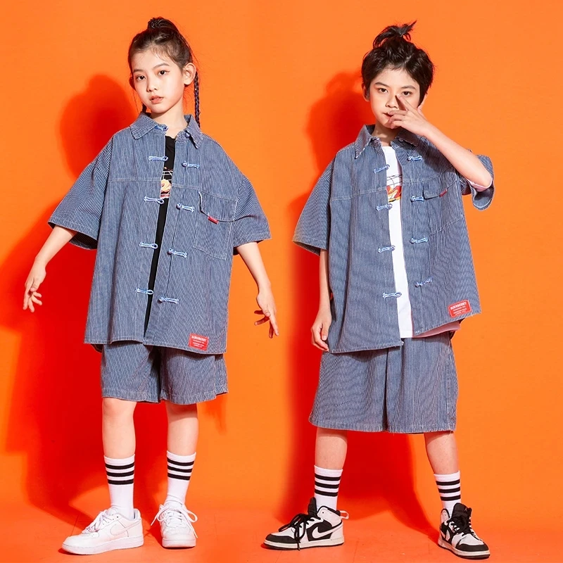 

New Striped Denim Shirt Loose Pants Streetwear Children's Hip Hop Dance Costume Girls Boys Jazz Performance Rave Clothes
