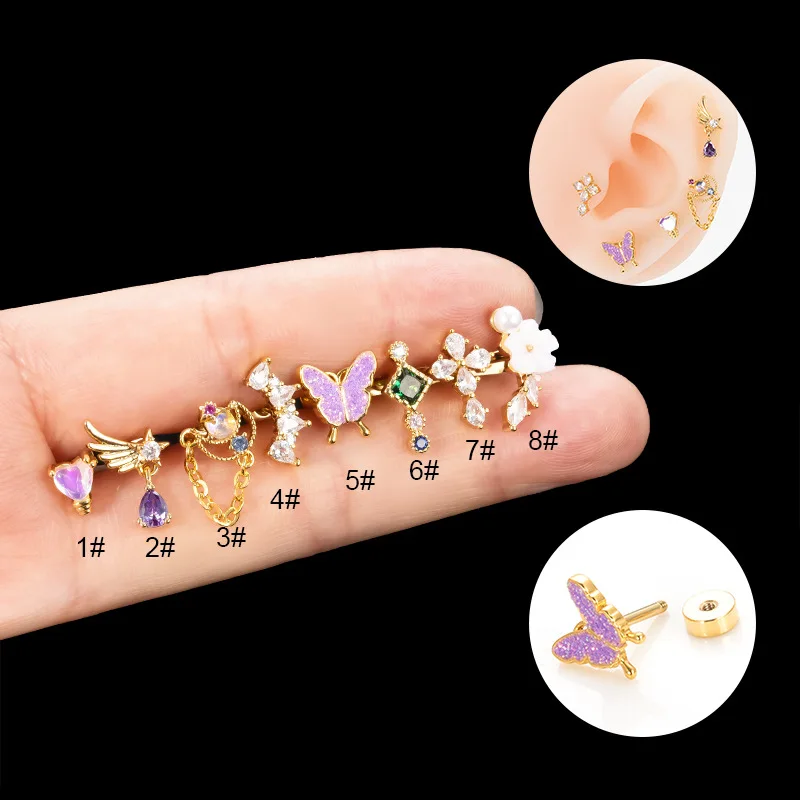 2PC Stainless Steel Cross Stud Earrings Women CZ Zircon Tragus Cartilage Helix Butterfly Heart Daith Earrings Fashion Jewelry