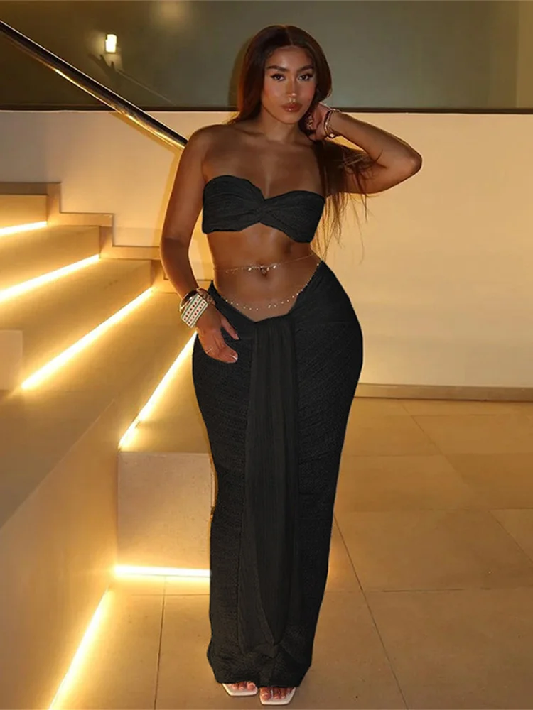 طقم مكون من قطعتين مكون من طيات مكدسة من Nibber قطع علوية نسائية أنيقة ورفيعة بدون حمالات + تنانير ضيقة بدلة نسائية متطابقة