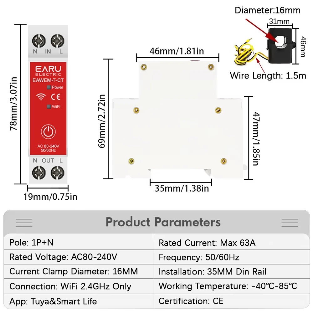 63A WiFi KWh مقياس الطاقة Tuya AC 110V 230V إحصائيات المراقبة الحالية مع مشبك CT