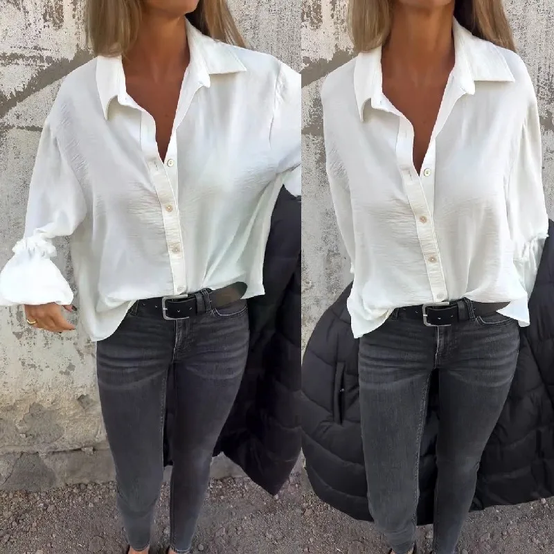 

Womens White Shirts Autumn Casual Button Down Lantern Long Sleeve Single Breasted Blouse Loose Fashion Tops