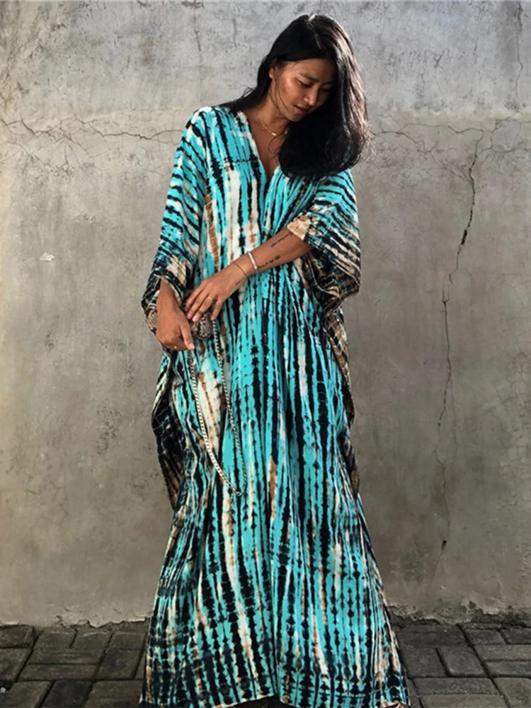 Tie Dye Print Cotton Beach Cover Up Dress Women 2025 Summer Oversize Holiday Party Sun Protection Bikini Swimwear Long Cover Ups