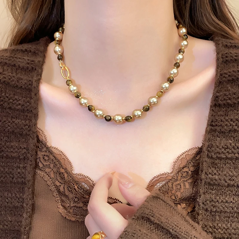 Maillard Natural Tiger\'s-eye Champagne Pearl Bead Necklace For 2024 Fashion Jewelry Women\'s Sexy Sweater Chain Neck Accessories