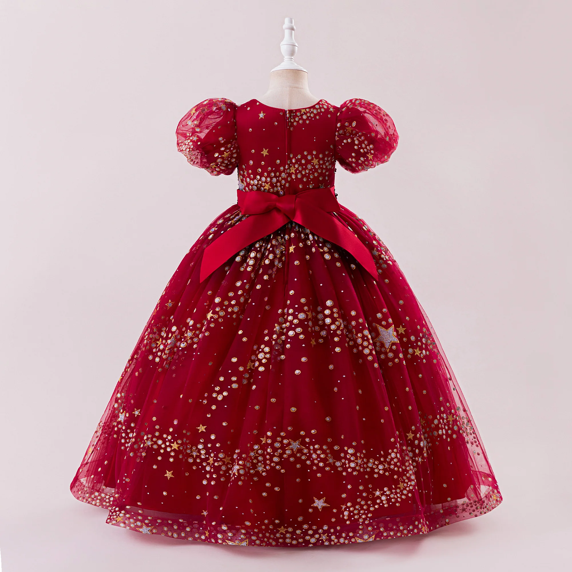 Vestidos de fiesta de Navidad con lentejuelas rojas para niñas, elegante vestido de princesa de tul con estrellas para boda y cumpleaños, disfraces de noche para dama de honor con lazo para niña