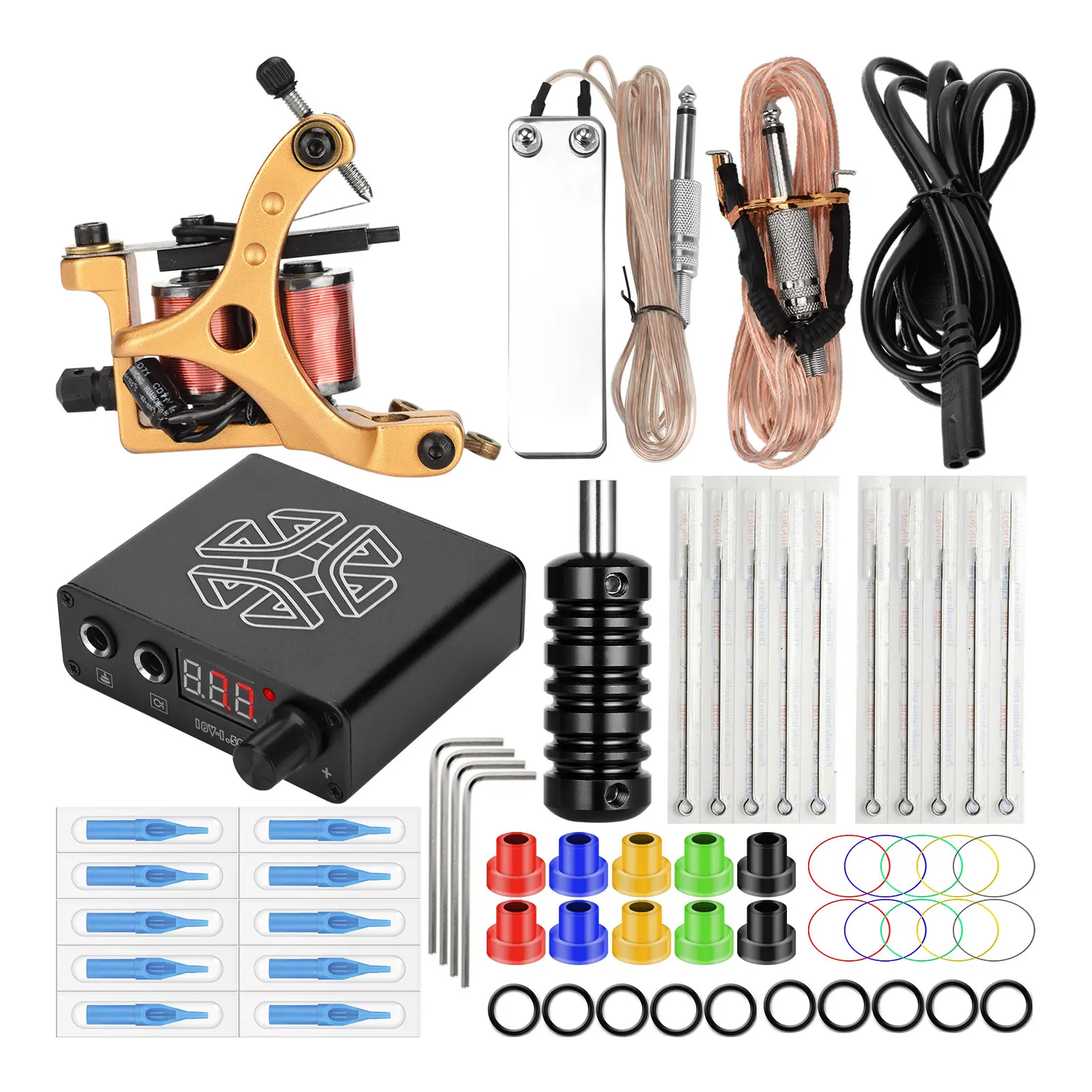 

JimKing Complete Tattoo Kit for Beginners Tattoo Power Supply Pro Machine Guns Foot Pedal Needles Grips Tips Coil Tattoo Gun