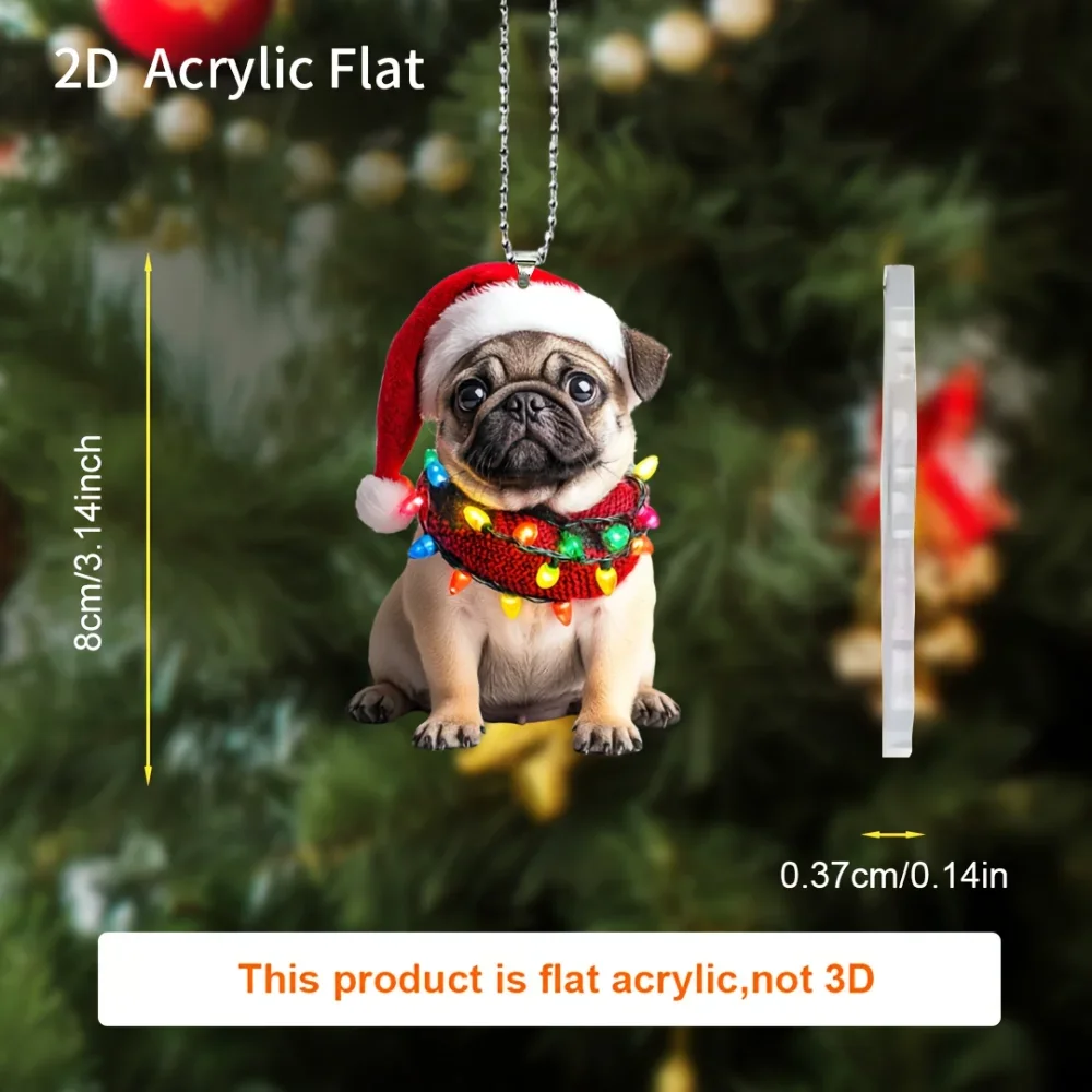 Charming Pug Christmas Pendant Keychain,Cartoon Puppy 2D Acrylic Versatile Charm,for Car Mirror,Backpack,Festive,Home,Gift&Decor