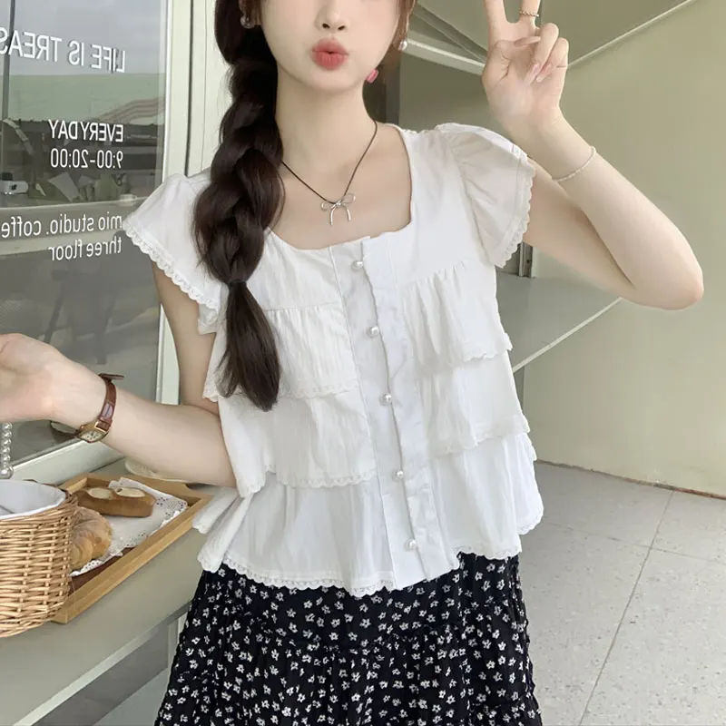 Sweet Flying Sleeve Lace Spliced Blouse Summer Thin Square Collar Female Clothing Stylish Ruffles Solid Color Casual Basic Shirt