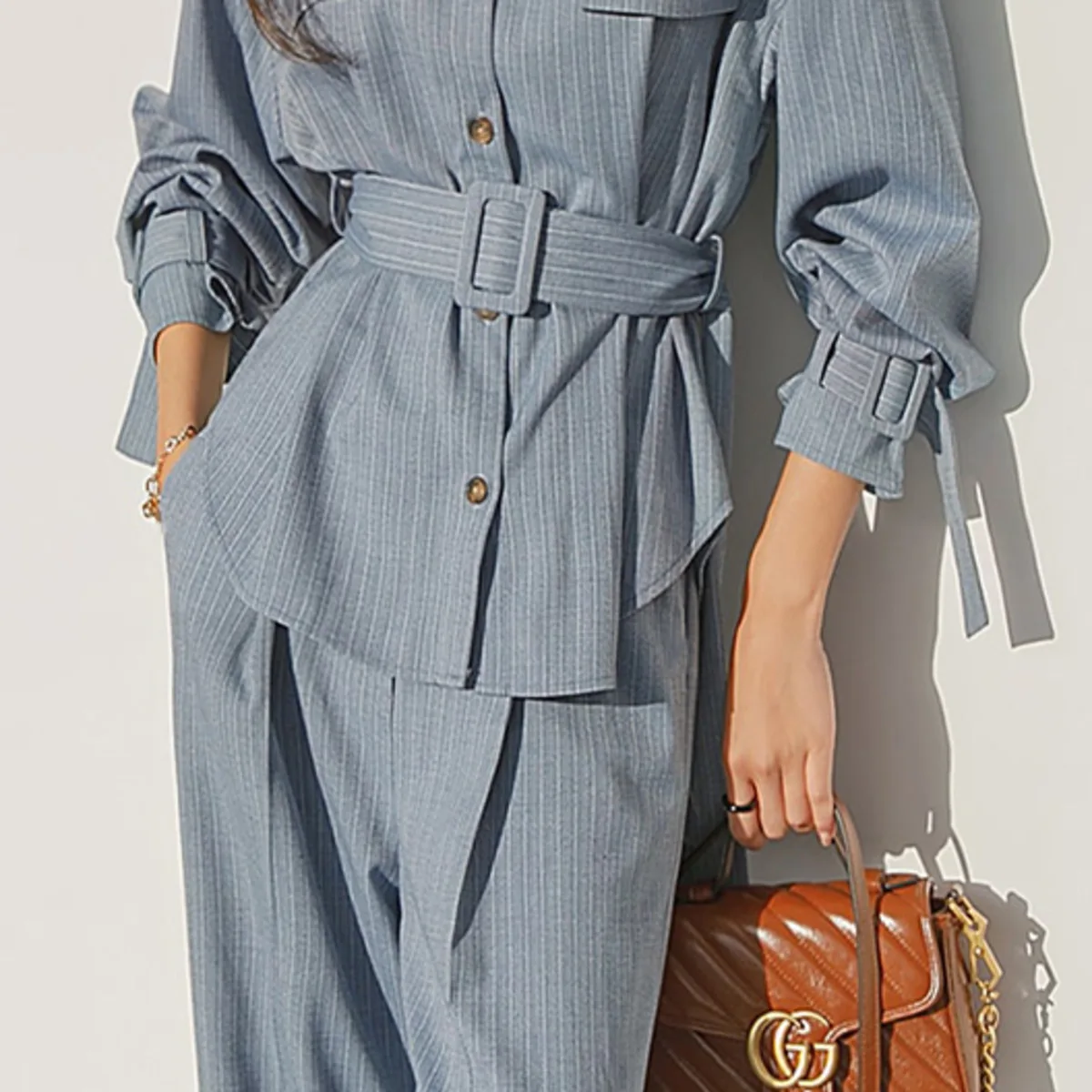 KWTX Elegant Women's Striped Long Sleeve Blouse, Tie Waist Slim Fit Shirt, Fall Fashion Tops With Cuff Ties, Chic Casual Wear