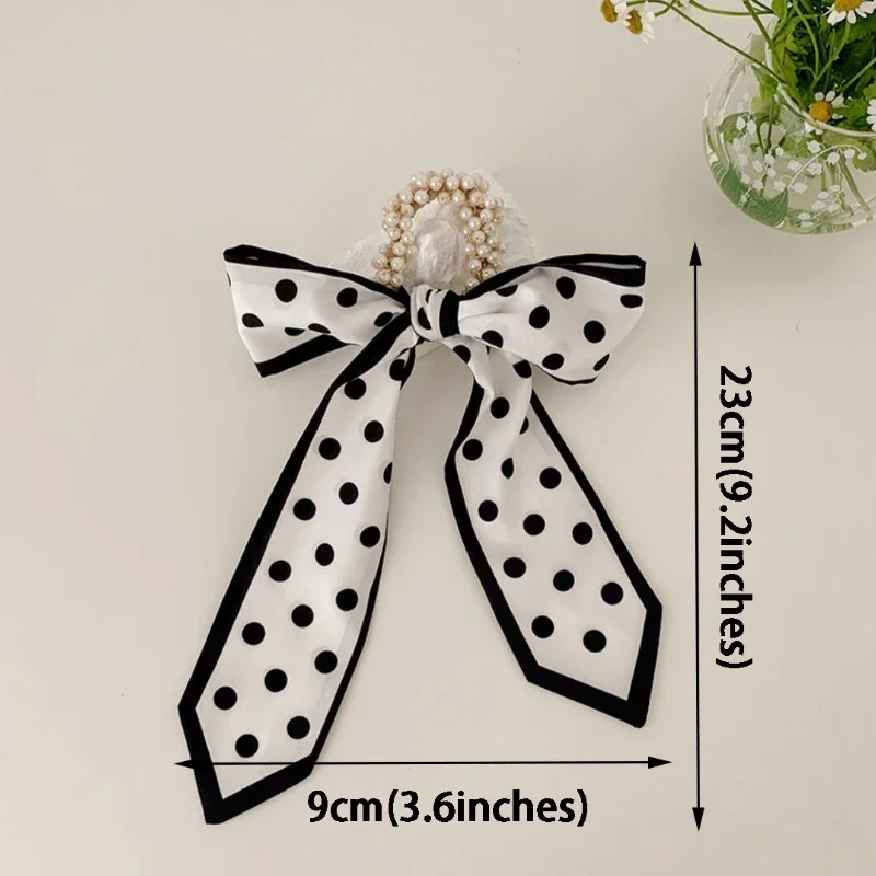 Elastic Long Ribbon Pearl Bow Headrope Hair Ring Bands Women Girl Print Scrunchies Ponytail Holder Binding Hair Ties Accessories