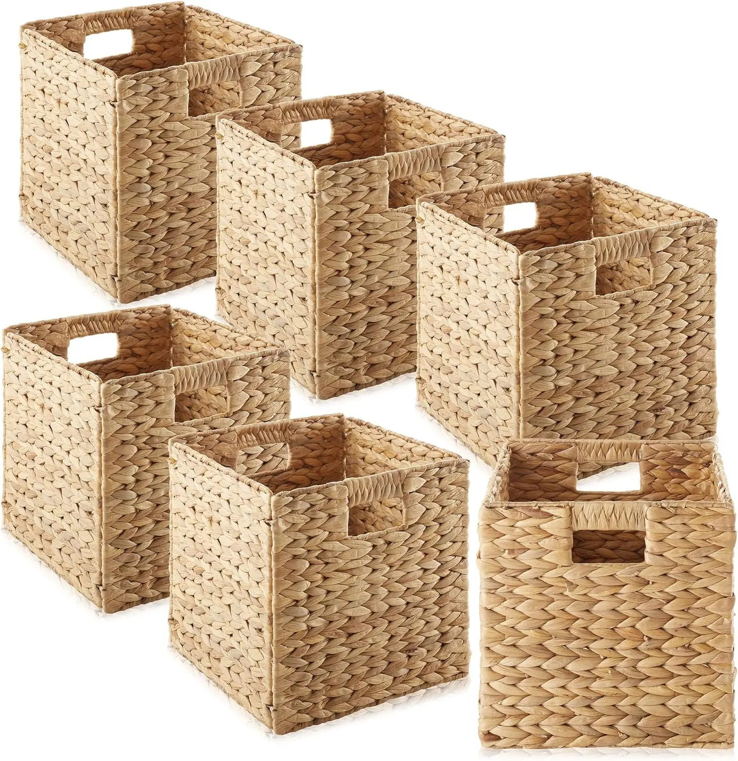 

10.5" X 10.5" Water Hyacinth Storage Baskets Natural Set of 6 Collapsible Cube Organizers Woven Bins for Bathroom Bedroom